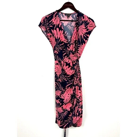 Maggy London Womens Sz 8 Pink And Blue Tropical Floral Cap Sleeve Wrap Dress N4 - Picture 2 of 12